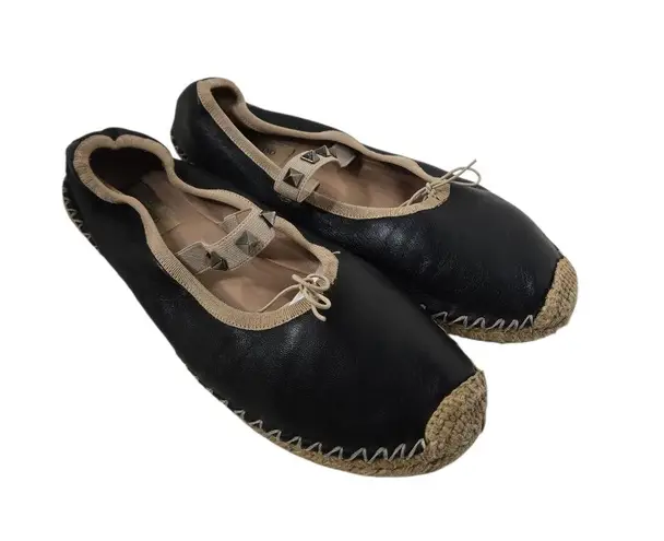 Valentino Garavani Black rockstud leather ballerina flat espadrilles Size 39
