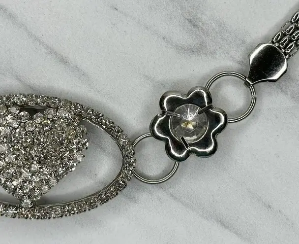 Rhinestone Heart Flower Chain Belt Y2K Silver Tone Metal Links OS ✨