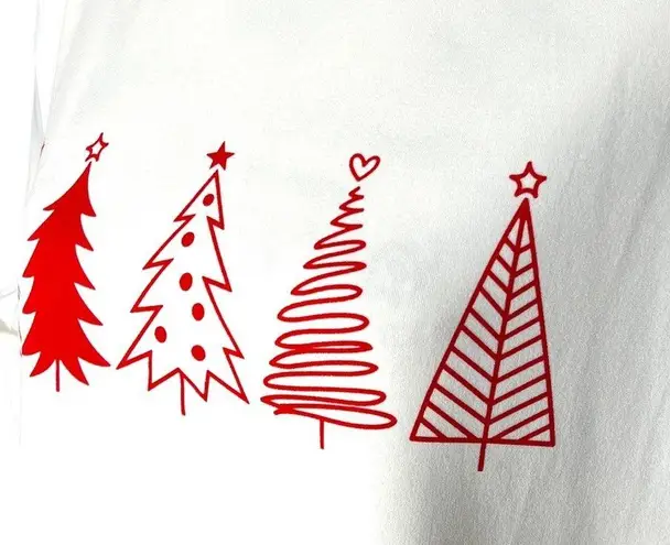 LARGE White Red Print Holiday Christmas Tree Long Sleeve Pullover Tee T