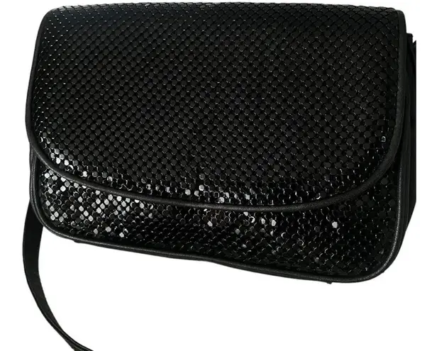 Whiting & Davis Black Leather Black Brass Circle Flat Mesh Crossbody Bag