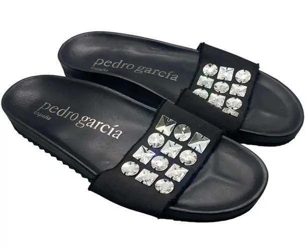 Pedro Garcia Amery Swarovski Crystal Satin & Leather Jeweled Slide Sandals Black Size 10