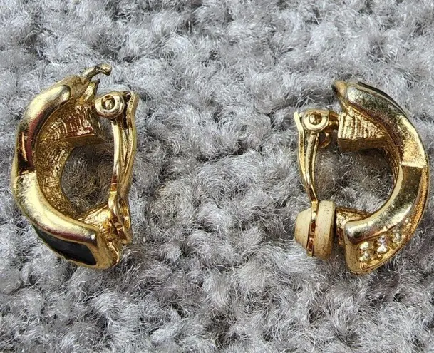 Vintage X Clip on Earrings Gold Color Metal Enamel Rhinestones. One missing pad