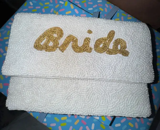 Bride White and Gold Beaded Clutch with Chain