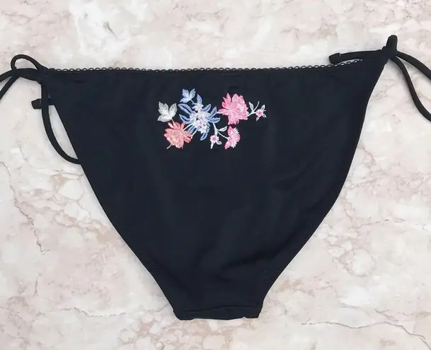 Topshop Black and Pink  Floral Embroidered String Bikini Bottoms