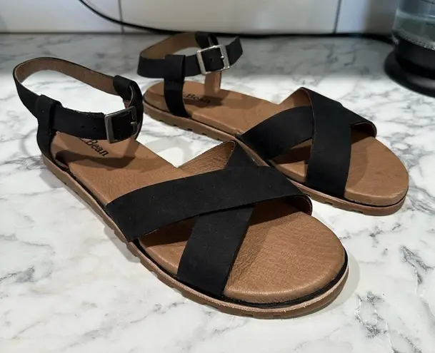 LL Bean Womens Black Ankle Strap Criss Cross Comfort Flat Sandals Size 11