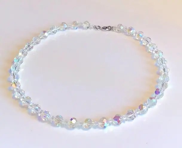 Vintage Glass NECKLACE 15” Aurora Borealis Iridescent Faceted Beads Silver