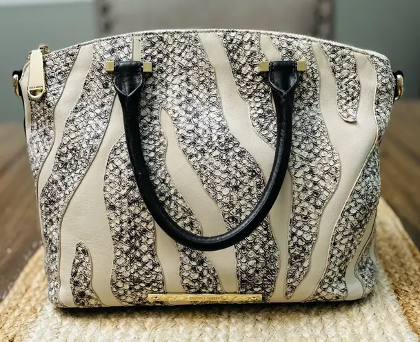 Brahmin Women’s Leather Cream Black Snake Skin Satchel Designer Handbag