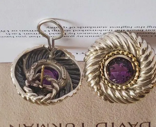 David Yurman  Amethyst Cable Earrings in Sterling Silver & 14 K Gold