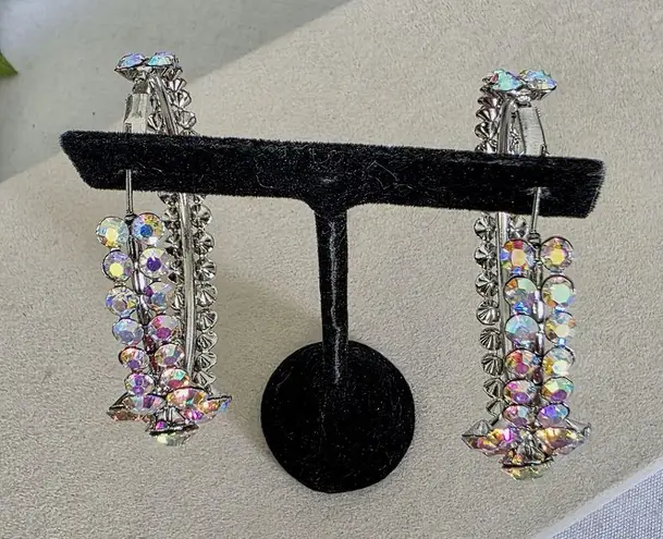 Boutique Large Silver with AB Rhinestone Hoop Earrings Center Flower