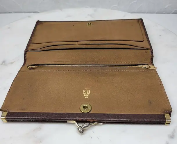 Vintage Mark Cross Checkbook Wallet 7" Brown Kiss Lock Bifold Soft Leather Italy