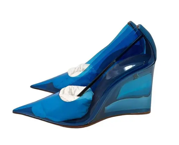 Amina Muaddi NEW Ane Pointed Toe PVC Glass Patent Wedges Heels Blue US 7.5