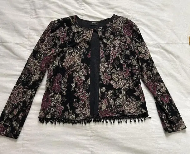 Vintage MSK Black & pink floral jacquard cardigan with beaded fringe Size M