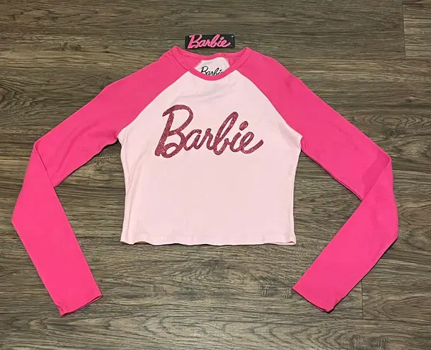 NWT Glitter Barbie Long Sleeve Cropped Shirt Pink Size Large