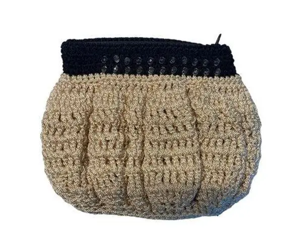 Unbranded Handmade Crochet Knit Coin Pouch Beige Black Zip Mini Cream