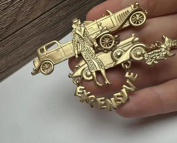 AJC Expensive Lady With Scottie Terrier & Luxury Cars Gold Tone Brooch Signed
