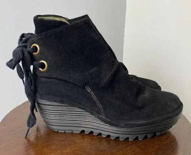 Fly London YAMA Suede Lace Up Wedge Ankle Boots Black Sz 36 6=