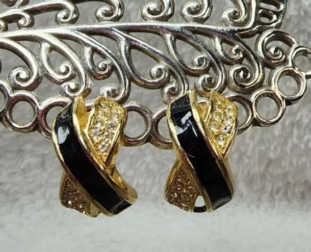 Vintage X Clip on Earrings Gold Color Metal Enamel Rhinestones. One missing pad