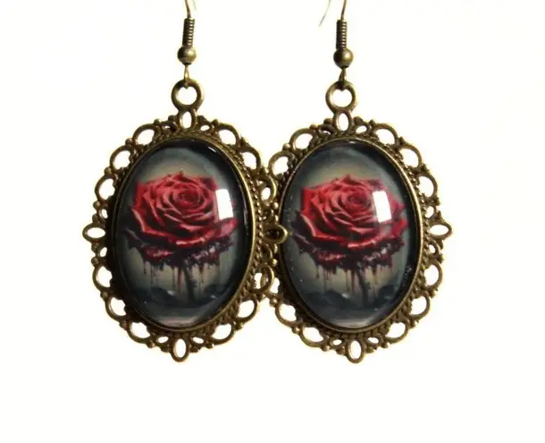 Handmade Gothic Victorian “Crimson Bloom” Dripping Rose Cameo Earrings
