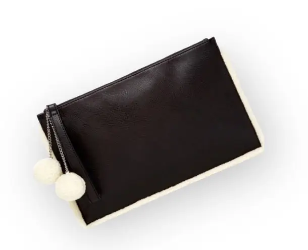 Carlos Santana new ❤︎ Vegan Leather Fur Pom Pom Clutch Handbag Bag ❤︎ Black