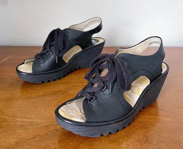 Fly London • Ylva Wedge Sandal black leather lace up gladiator platform open toe