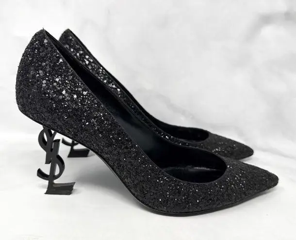 Saint Laurent Opyum Glitter 85 YSL Stiletto Pointed Toe Pumps Heels Black 38.5