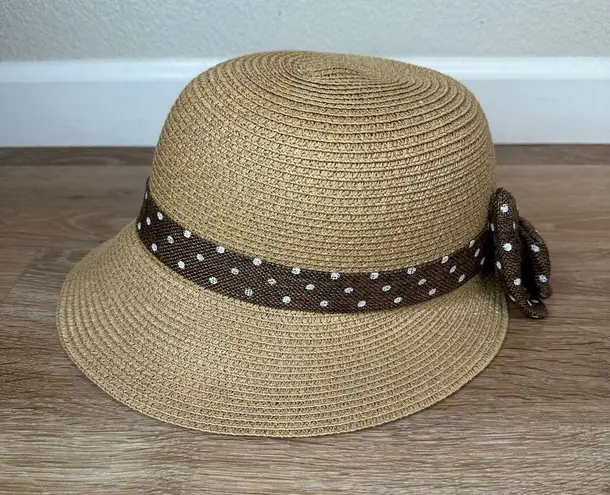 Nicole Marciano 100% Straw Split Brim Bow Polka Dot Summer Hat Tan