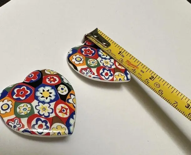 Large Oversized Ceramic Heart Clip On Earrings Multi Color Floral Mosaic Print