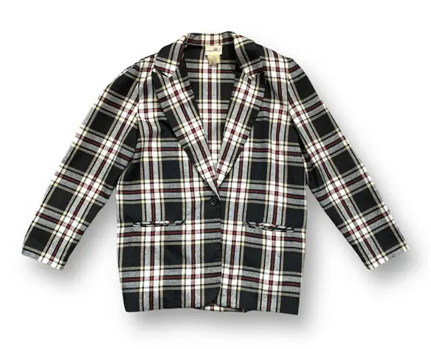 Vintage 90s Blazer Jacket Oversized Black Tan Plaid One Button Preppy Small