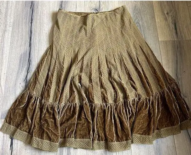 Free People VTG  Midi Skirt Sz 8 Silk Blend Boho Mustard Yellow Brown Pleated EUC