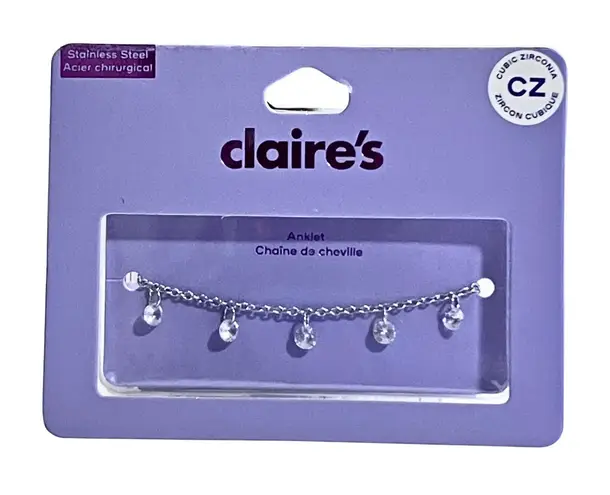 NWT Claire’s CZ Charm Stainless Steel Anklet. Y2K McBling Silver Tone Zirconia