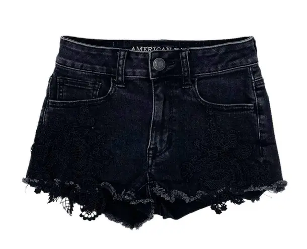 American Eagle  Super Super Stretch Hi-Rise Shortie Black Denim Crochet Size 00