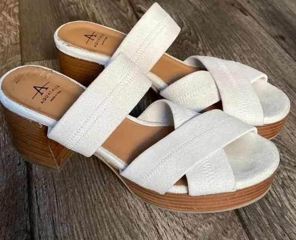 Aquatalia Summer Ivory Leather Criss Cross Slip on Block Heels