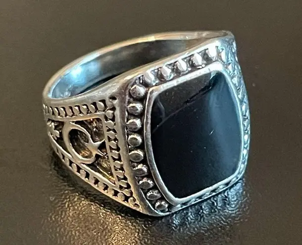 Black obsidian stone S925 stamped silver ring size 9