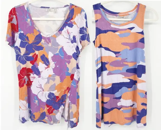 LOGO By Lori Goldstein Womens Bundle Lot (2) Floral Blouse & Camo Tank Top XS