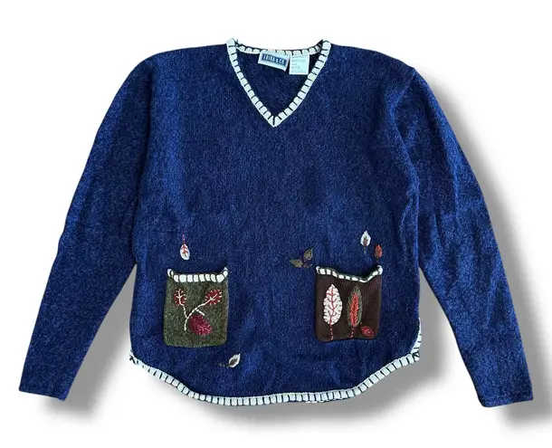 Erika & Co Vintage Embroidered Leaf Sweater Navy Blue M Fall Cottagecore Size M