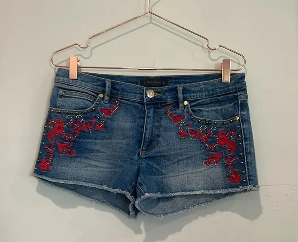 Juicy Couture  denim red floral embroidered shorts.