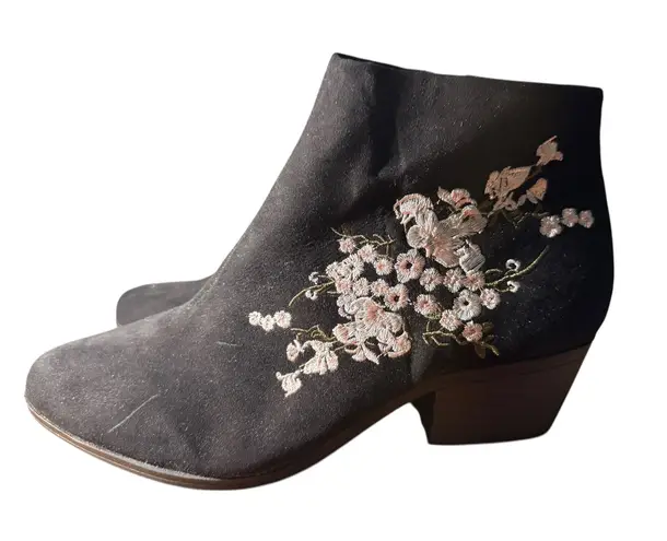 Black Embroidered Floral Ankle Boots Block Heel Side Zip Women Size 12