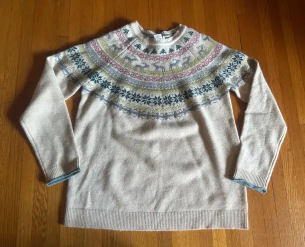 Tabitha Webb Cream and Deer Fair Isle Wool Blend Pullover Sweater, Size XL