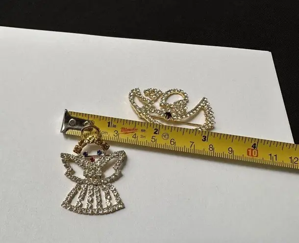 Lot Of 2 Prong Set Rhinestone Christmas Holiday Angels Brooch Pin Gold Tone