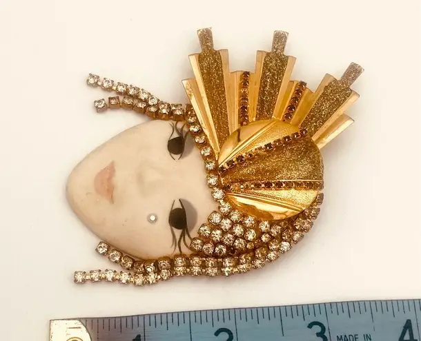 VINTAGE FLAPPER ART DECO CRYSTAL RHINESTONE BROOCH Gold