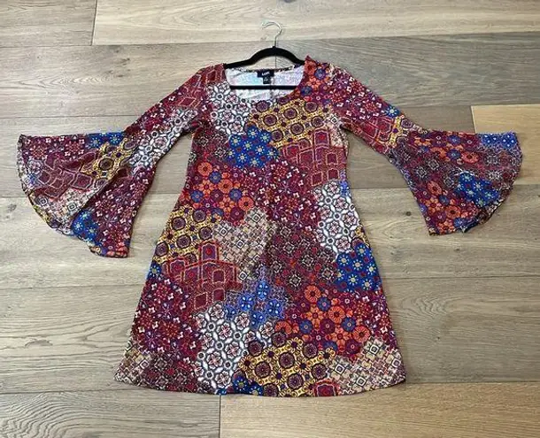 MSK Bell Trumpet Sleeve Boho Print Mini Dress Size Medium