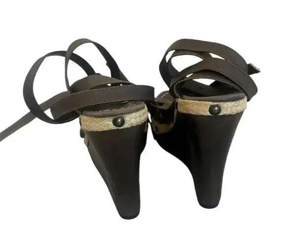 La Perla Brown Leather Ankle Lace-Up Wedges Sandals Jute Stud Size 39 8 Women's