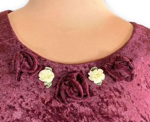 Vintage 90s Maxi Dress Burgundy Crushed Velvet Dark Floral Rosette Short Sleeve Red Size 14
