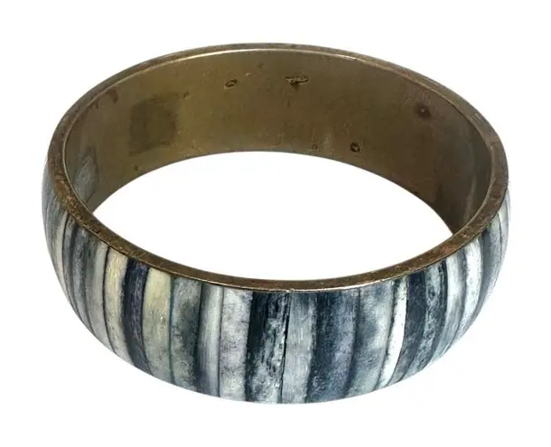 Vintage Brass & Shell Inlay Bangle Bracelet