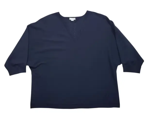 J. Jill Knit Sweater Large Petite Navy Blue 3/4 Sleeve V