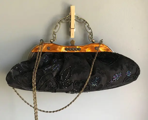 VINTAGE BLACK FLORAL BEADED CHAIN CROSSBODY PURSE