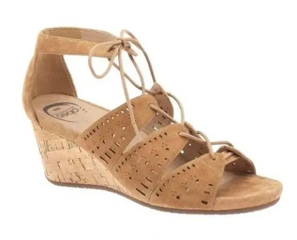 Abeo NWOB Lilia Tan Suede Cork Wedge Sandals Strappy Gladiator Sz 7 Brown