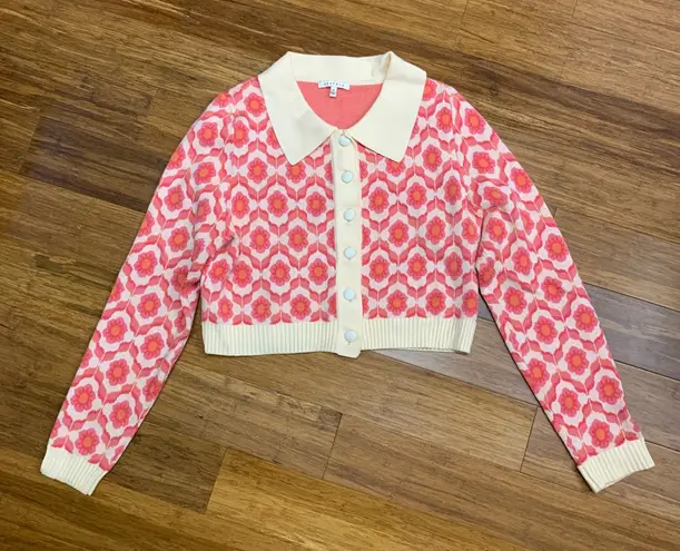 Baevely Women's Floral Knit Cardigan Sweater Cream Pink Retro Style Size Medium Pink