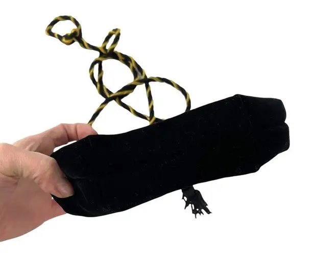 Vintage Black Velvet Clutch Bag Gold & Black Detailing and Corded Shoulder Strap