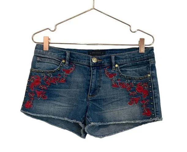 Juicy Couture  denim red floral embroidered shorts.